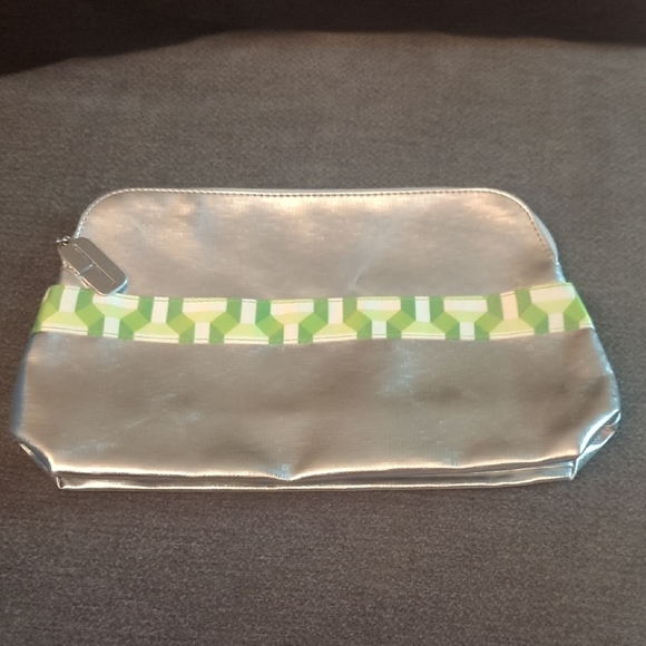 Silver Clutch with Green Geometric Accent - Picture 1 of 4